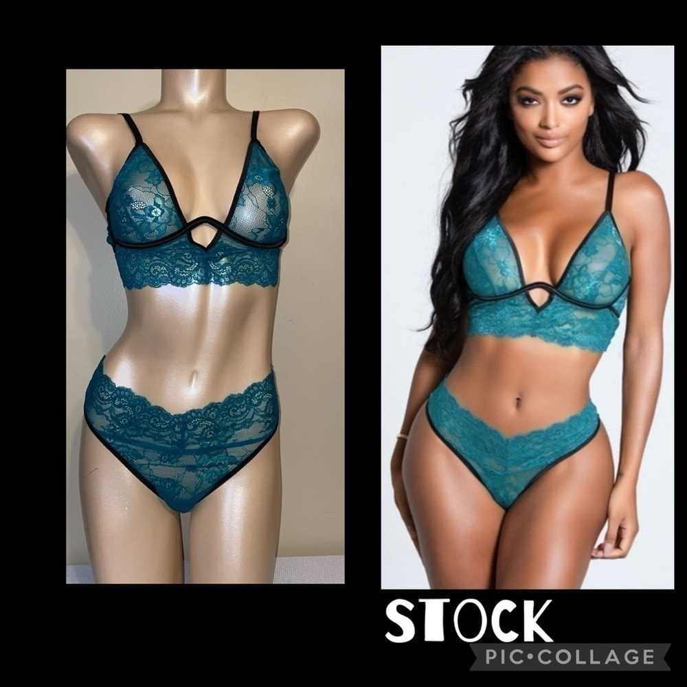 Yandy women’s lingerie Large bra panty teal black lace underwire sexy intimate